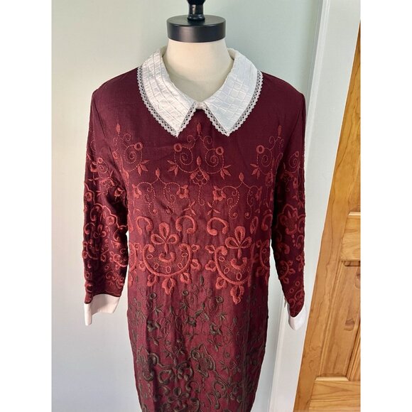 Top Shop Dress Embroidered SZ 12 Peter Pan Collar Twee Academia Wednesday Adams - Picture 4 of 14